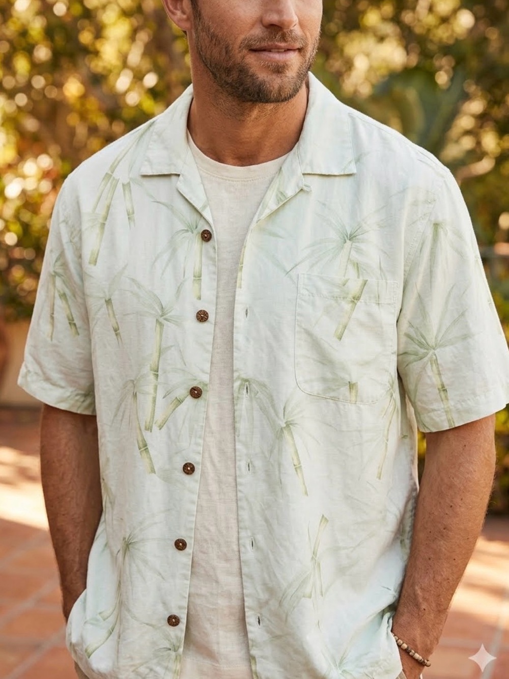 Tommy Bahama Men’s 100% Silk Bamboo Palm Print Camp Shirt Green M 0430